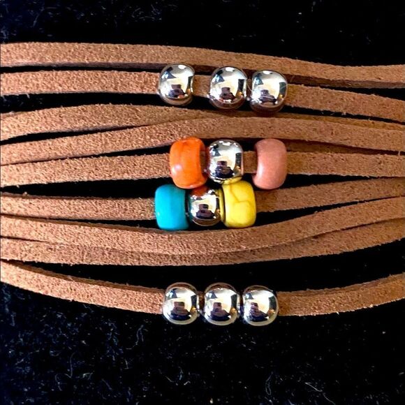 Boho Faux Suede Strands & Multicolor Bead  Adjustable Bracelet Silver Tone OSFM - Picture 3 of 4